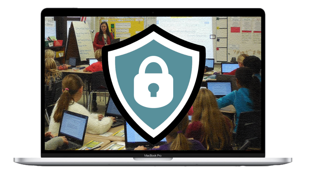 Shield logo with lock layered over classroom image on laptop screen