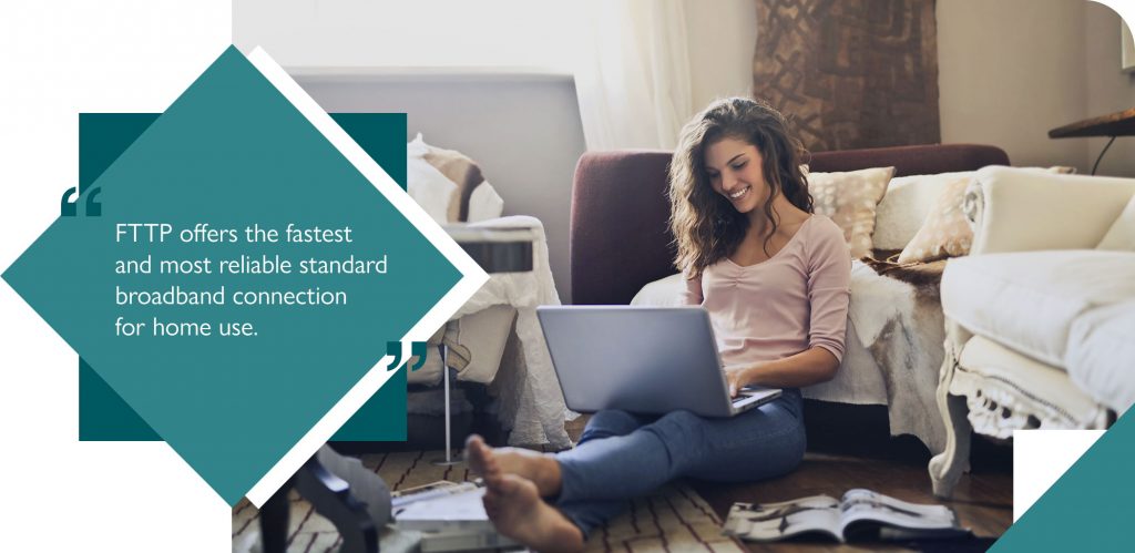 Woman working from home with FTTP broadband